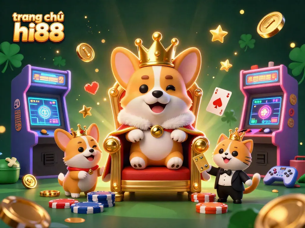 Experience the excitement at trang chủ hi88 with a royal corgi on poker chips and animated casino elements.