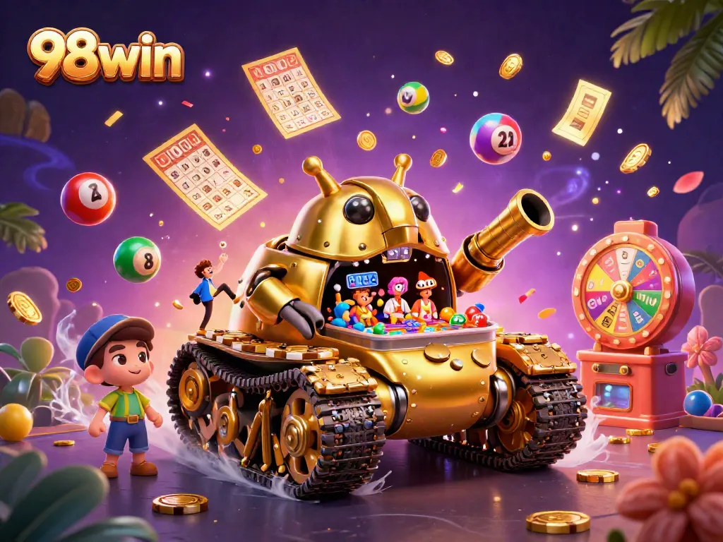 Experience games at 98win with golden tanks and vibrant lottery dynamics in a lively casino setting.