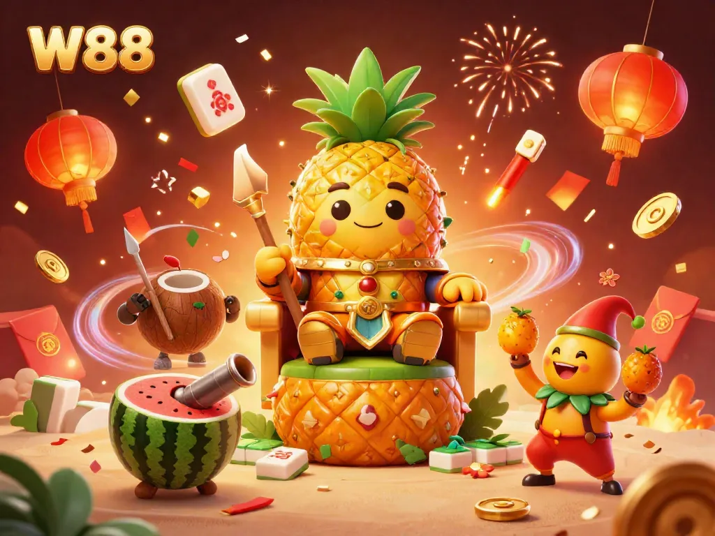 Experience the vibrant W88 casino adventure with the pineapple king amidst festive elements.