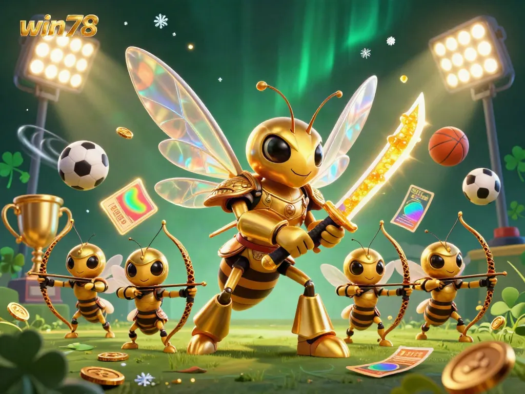 Engage in thrilling moments with win78's immersive 3D sports gambling scene featuring a golden hornet.