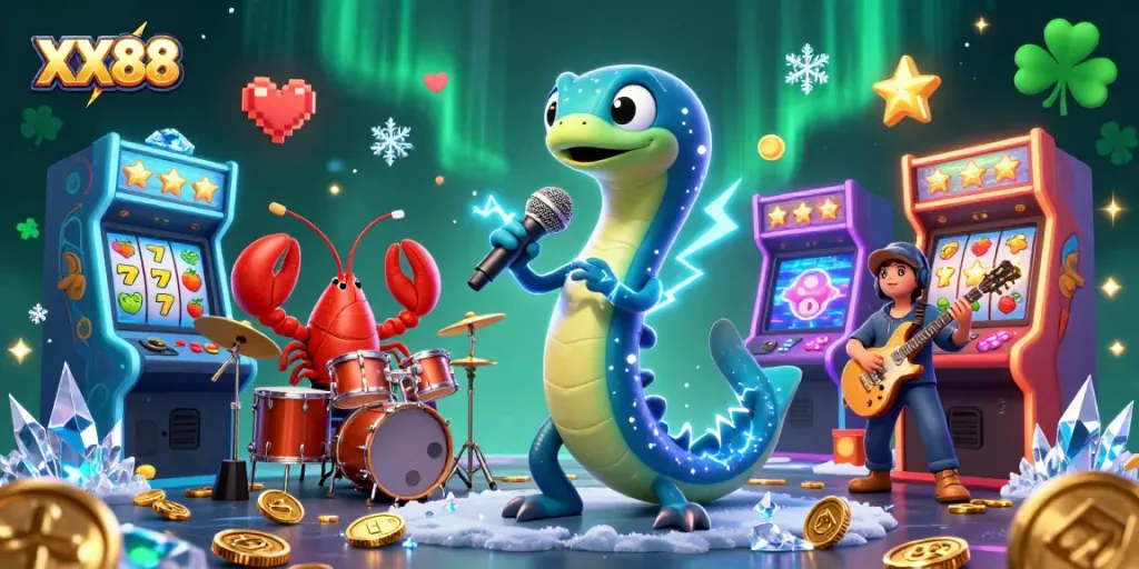 Experience high-energy gaming with XX88 featuring an electric eel DJ, lobster drummer, and seahorse guitarist in a vibrant underwater casino.