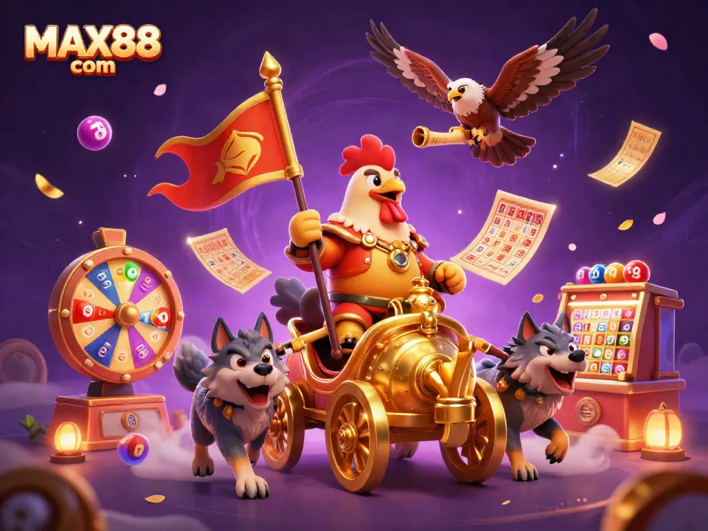 Win big with MAX88 com in this vibrant 3D casino illustration featuring dynamic gaming elements.