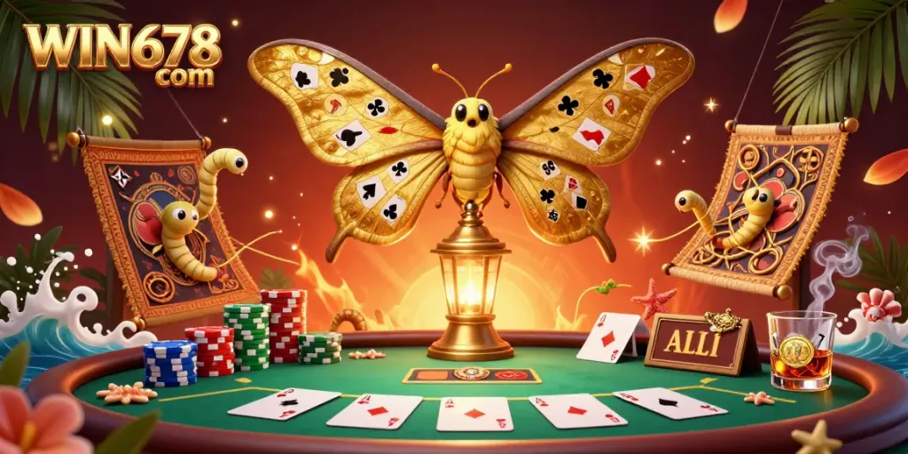 Engagingly portray the vibrant WIN678 com casino experience with golden butterfly and poker elements.