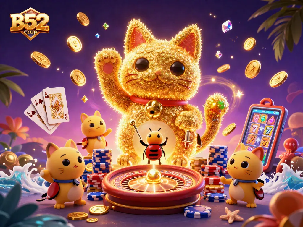 B52CLUB showcases a vibrant scene with a lucky cat and casino symbols, capturing rich gambling excitement.