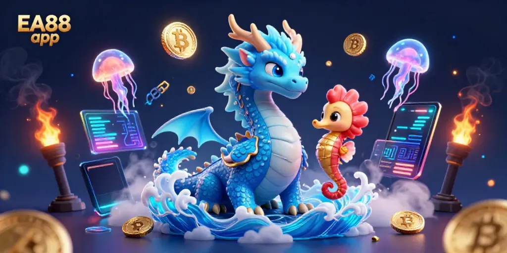 Experience thrilling gameplay with EA88 app, featuring a dragon and undersea characters in vibrant casino art.