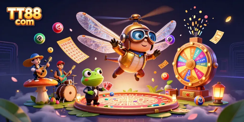 Experience the excitement of TT88 com with a vibrant 3D casino scene showcasing gameplay and lively characters.