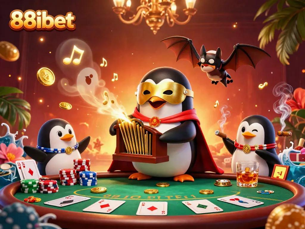 88ibet host a vibrant 3D casino scene with a penguin playing an organ amid poker tables and coins.
