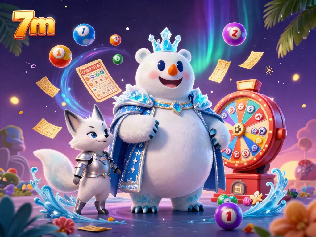 Engage with 7m's exciting gaming experience featuring a royal polar bear and a silver-armored fox amidst vibrant gambling elements.
