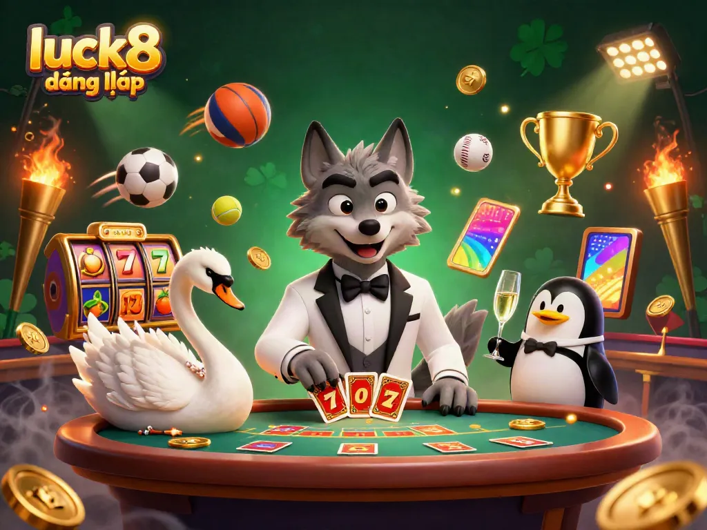 Experience luck8 đăng nhập with a vibrant 3D casino scene featuring charismatic characters at a baccarat table.