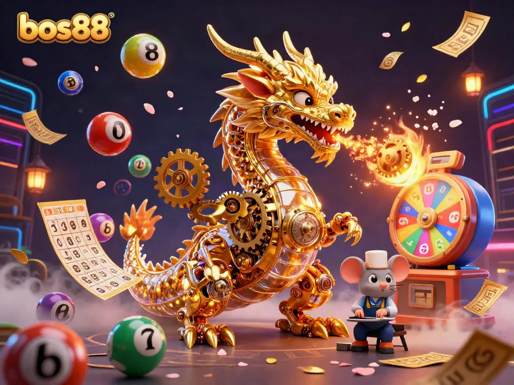 Experience bos88 with an elaborate 3D casino scene showcasing a golden dragon and vibrant lottery elements amidst lavish details.