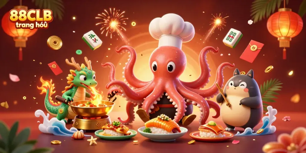 Exciting scene of 88CLB trang chủ featuring an octopus chef, dragon, and tanuki amidst festive casino elements.