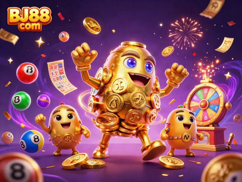 Experience the excitement at BJ88 com with vibrant lottery elements and a golden golem amidst dynamic gaming action.