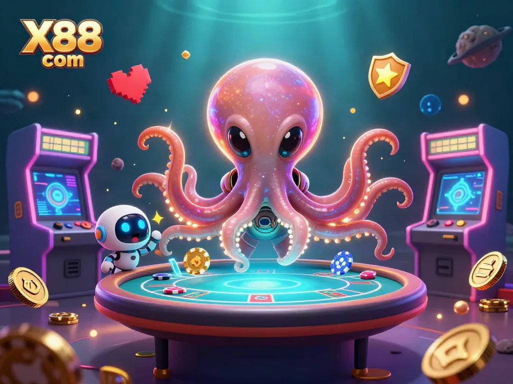 Engage with X88 com's thrilling 3D poker scene featuring a cosmic octopus and adventure-filled gameplay!