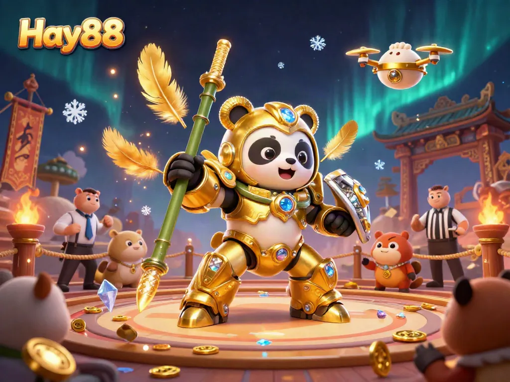 Experience a thrilling gambling showdown in Hay88's colorful arena filled with 3D characters and dynamic game elements.