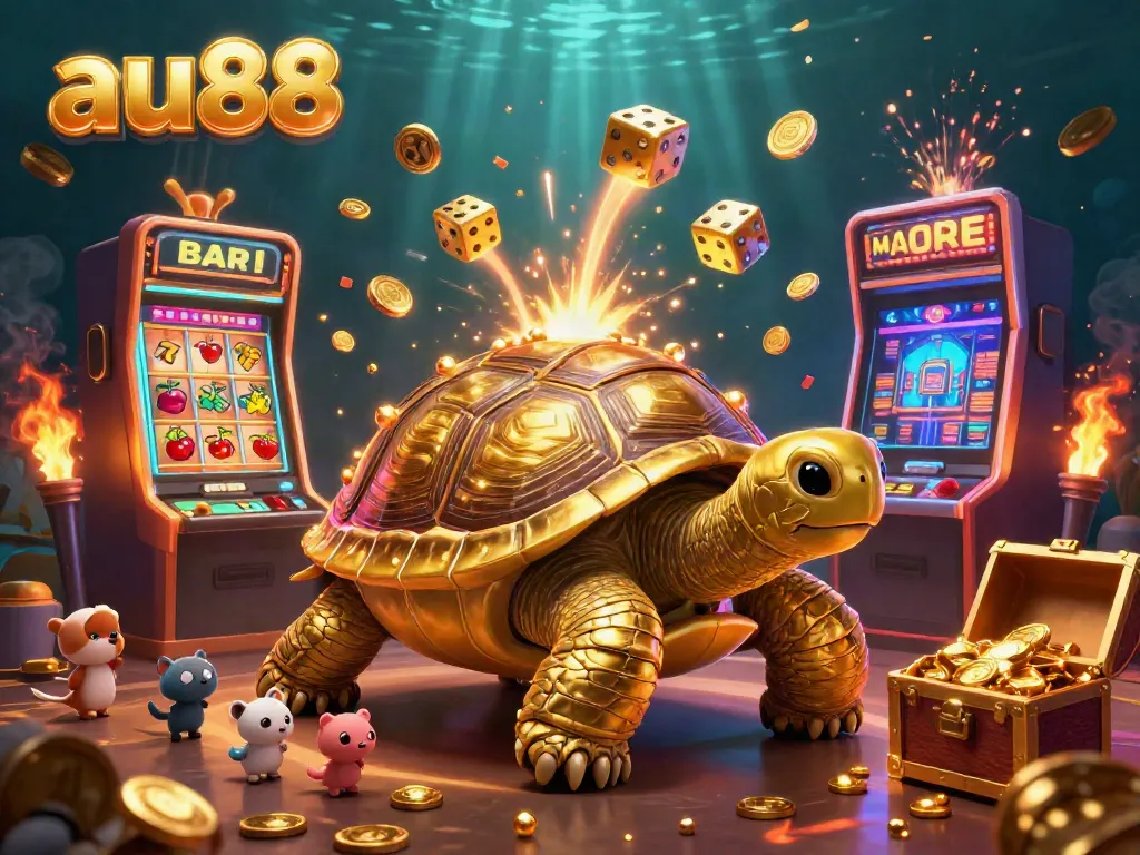 Engaging illustration of au88 casino scene featuring golden tortoise pinball machine, slot machine jackpots, and eager small animals.