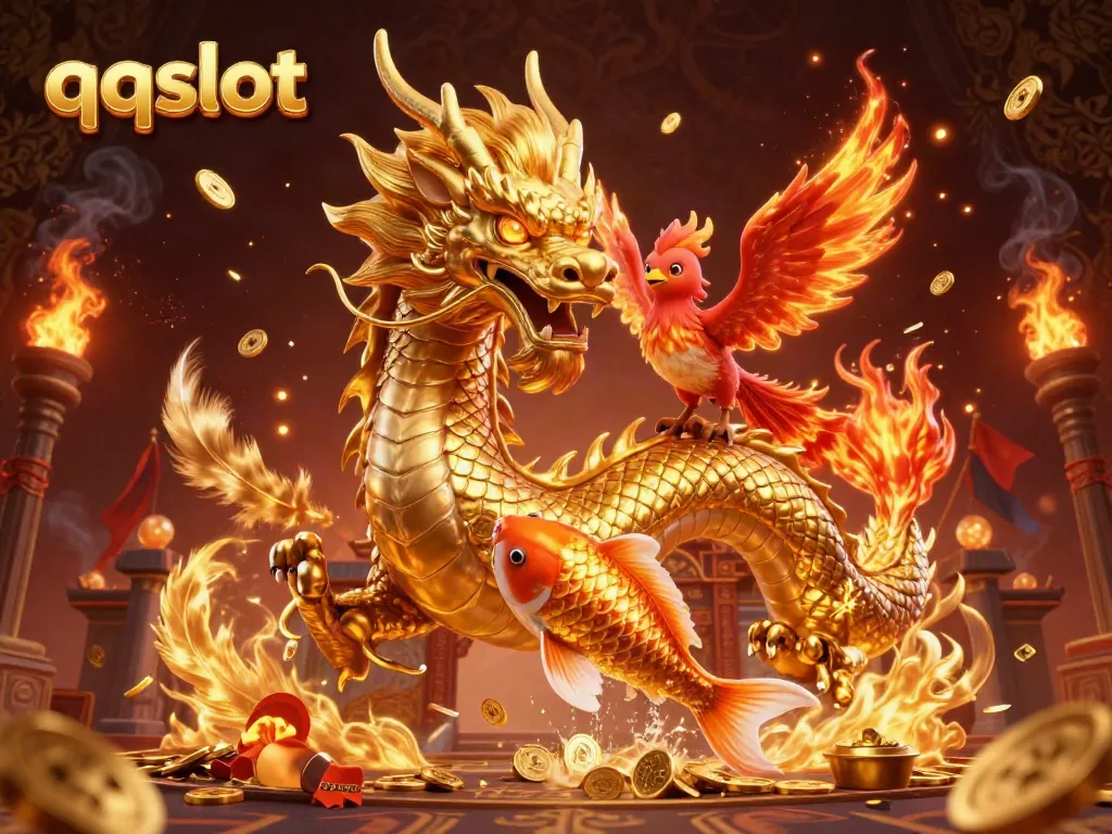 Relish in the excitement of qqslot with a golden dragon, a phoenix, and koi in a vibrant casino setting.