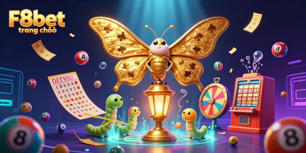 Experience thrill with F8bet trang chủ as vibrant casino elements and a majestic moth illuminate the excitement.