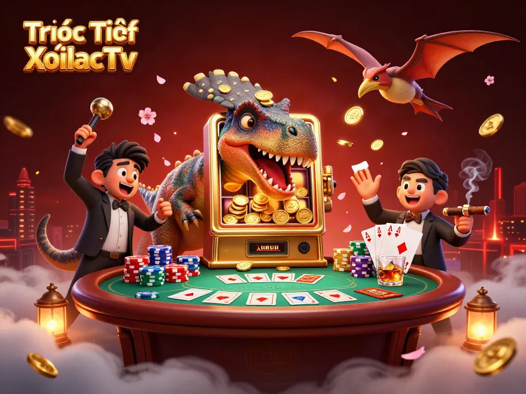 Experience Trực Tiếp XoilacTv as a pachycephalosaurus interacts with a slot machine for jackpot coins.
