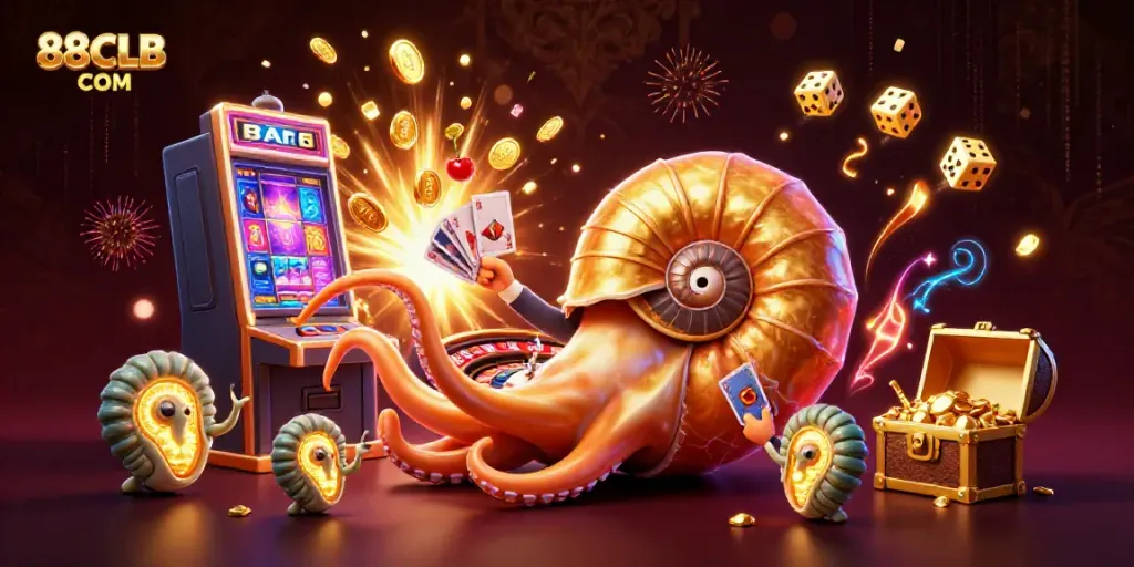 Engage in thrilling games at 88CLB COM with a vibrant casino scene featuring interactive characters and winnings.