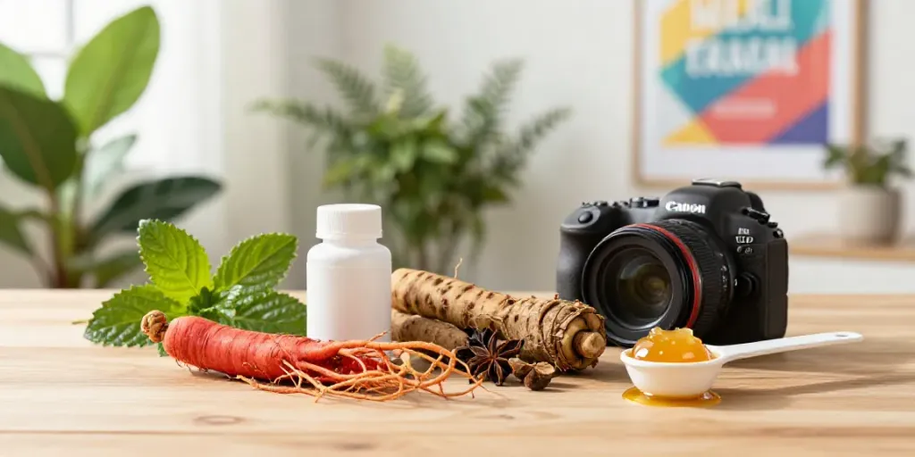 Les compléments alimentaires naturels de Natura Force, incluant le ginseng rouge et la gelée royale, installés dans un cadre lumineux.