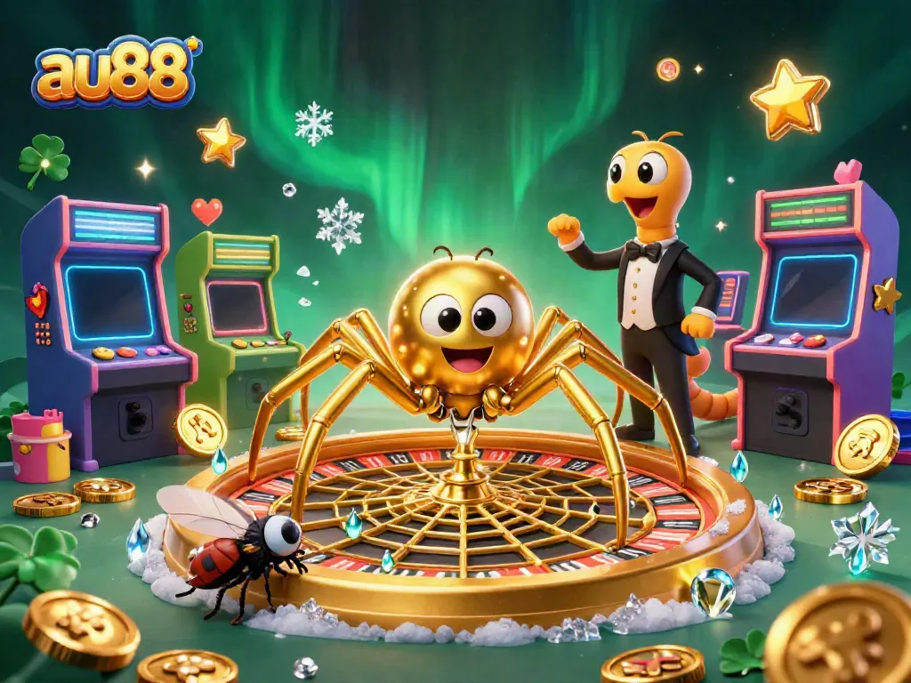Engaging scene of au88 with a golden spider web roulette, a nervous fly betting, and the centipede croupier.