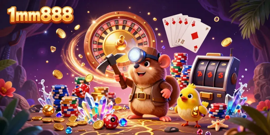 Vibrant 3D illustration of 1mm888 featuring a treasure hunter mole and a canary in a sparkling casino scene.