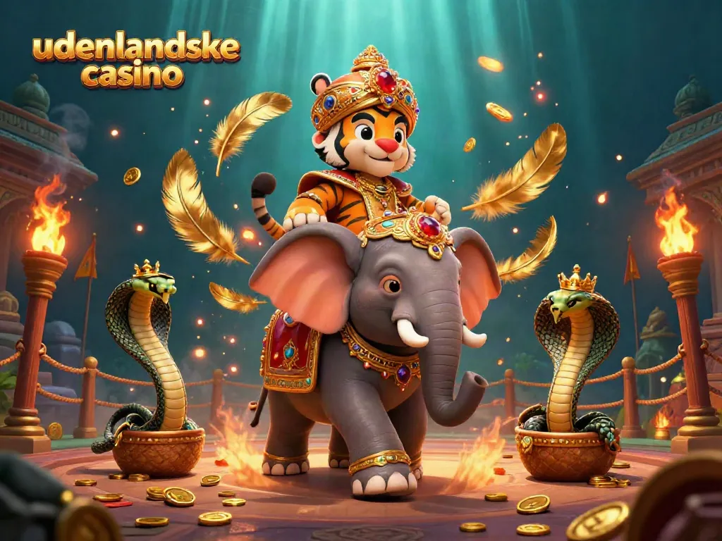 Experience the excitement of udenlandske casino with a vibrant 3D illustration featuring a maharaja, elephant, and cobra.