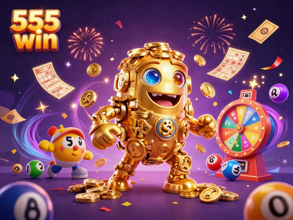 Engage with 555 win's captivating gaming experience featuring a golden golem and vibrant lottery elements.
