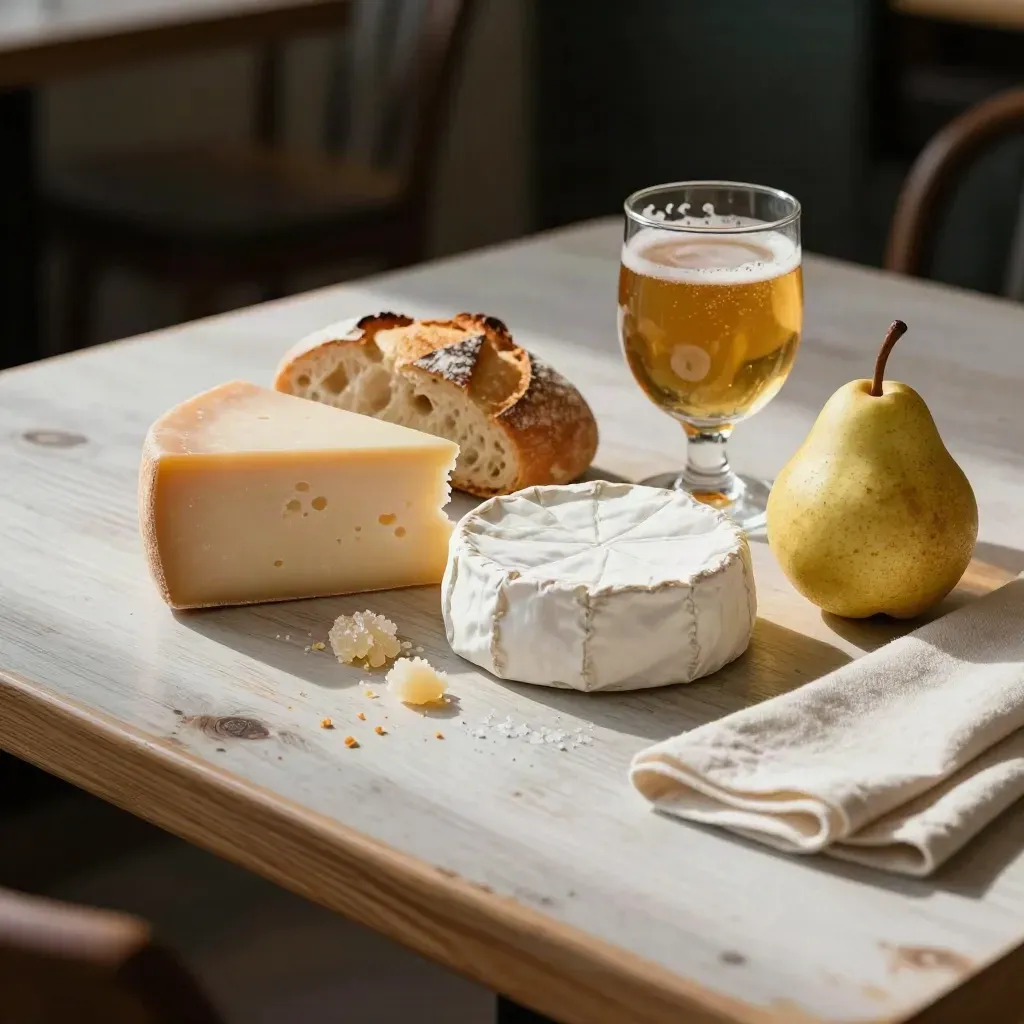 Fromages, pain et bière ambrée sur une table de bistrot en lumière douce.