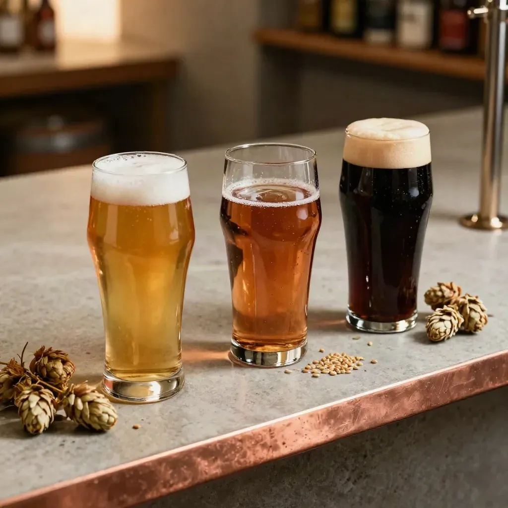 Trois verres de bières sur une étagère de pierre, lumière chaude et remous dans le blond.