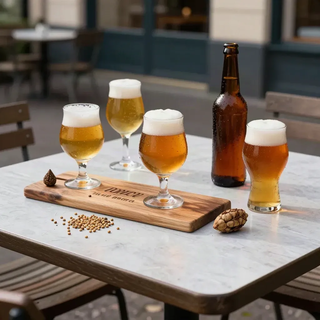 Table de dégustation de bières artisanales sous la brume, avec verres tulipes et houblon.