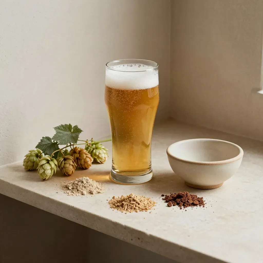 Verre tulipe, malt, houblon et bol en céramique dans une cave lumineuse.