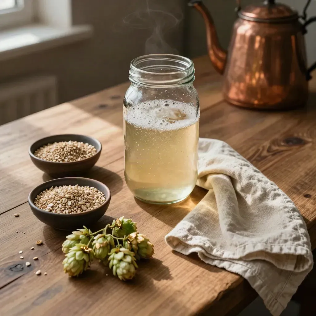 Vue du dessus d’un bocal de fermentation, houblon, malt et lin sur établi.