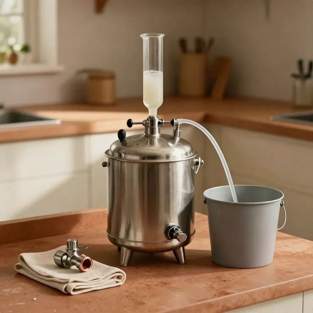 Fermenteur inox en fermentation avec barboteur, tuyau translucide et seau de transfert sur plan chaleureux.