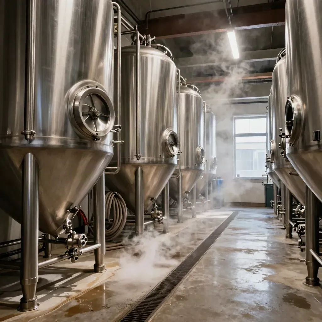 Salle de cuves inox d’une microbrasserie, vapeur blanche et passerelle métallique en contre-plongée.