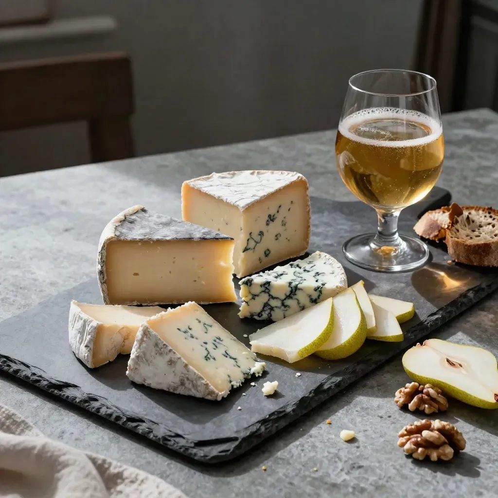 Plateau de fromages avec bière blonde, pain aux noix et poire tranchée sur ardoise claire.
