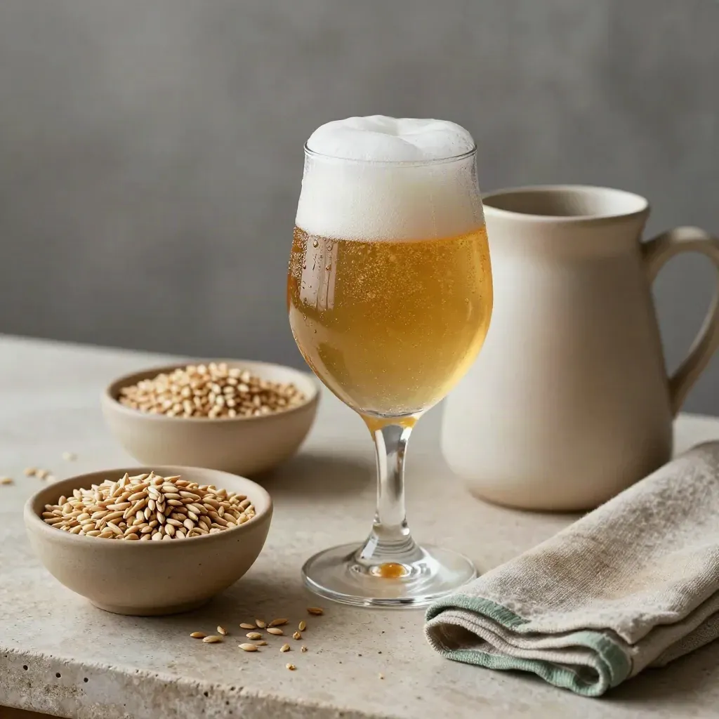 Verre tulipe mousseux, crachoir en céramique et bols d’orge sur pierre claire.