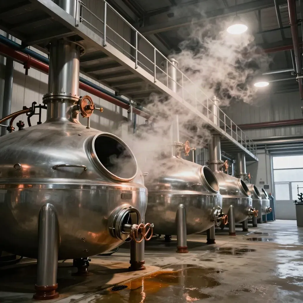 Grande salle de brassage Piggy, cuves inox fumantes et passerelle métallique en contre-plongée.