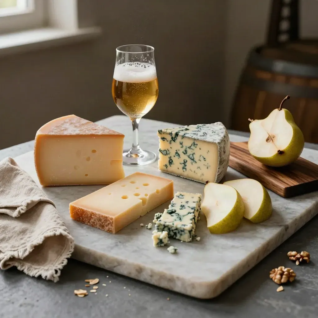 Plateau de fromages français, bière blonde, poire et noix sur pierre claire.