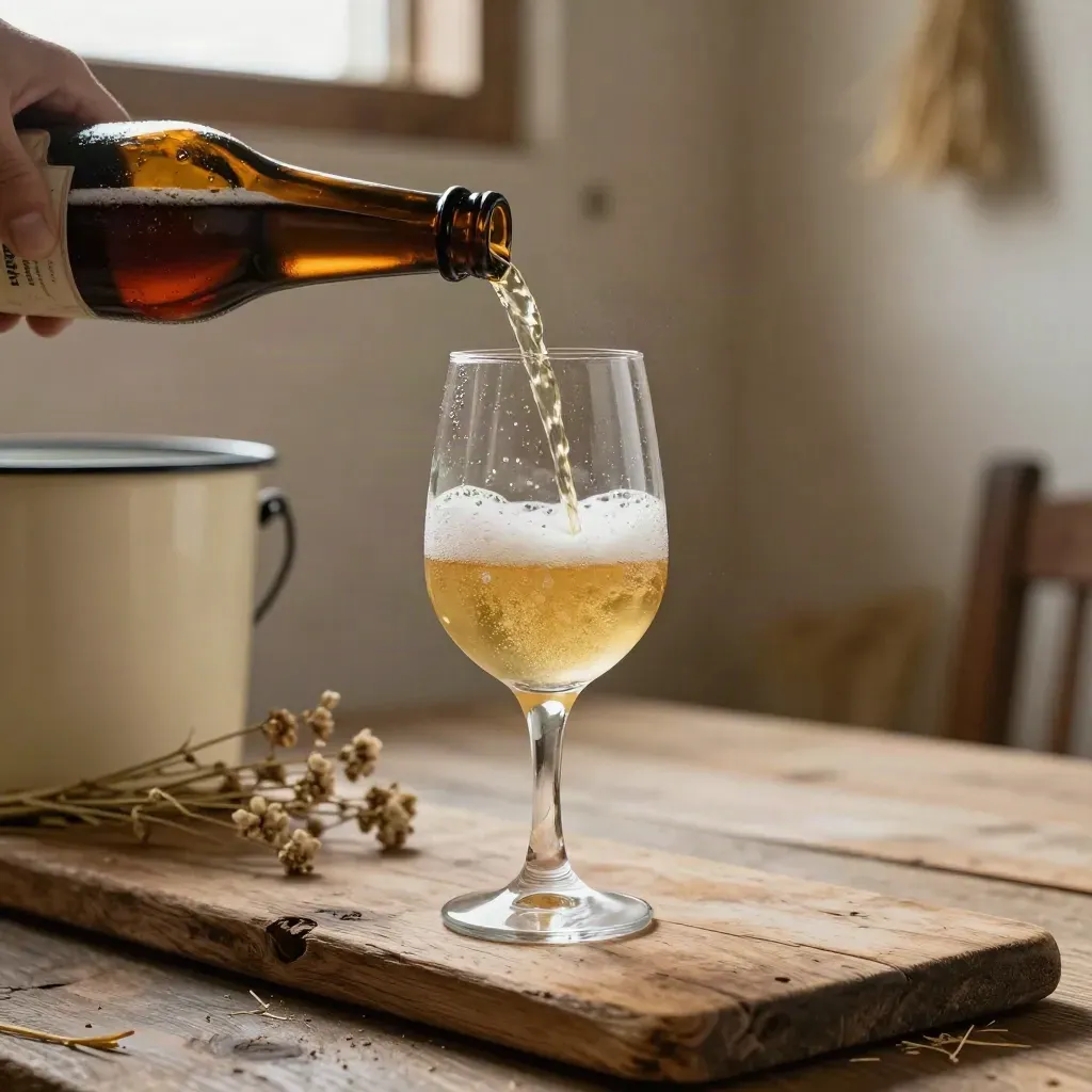 Bouteille de saison et verre tulipe, mousse en liseré sec, dans une ambiance de grange.