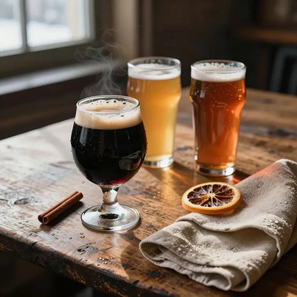 Bières d’hiver sur table rustique avec cannelle, orange séchée et laine, en lumière douce.