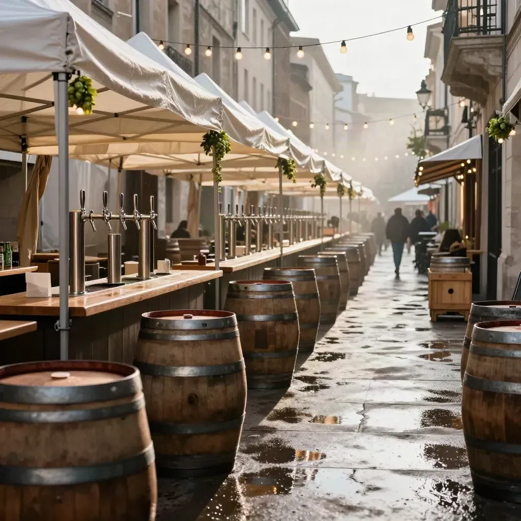 Allée de festival de bière à Lyon sous tentes blanches, fûts, tireuses et flaques brillantes.