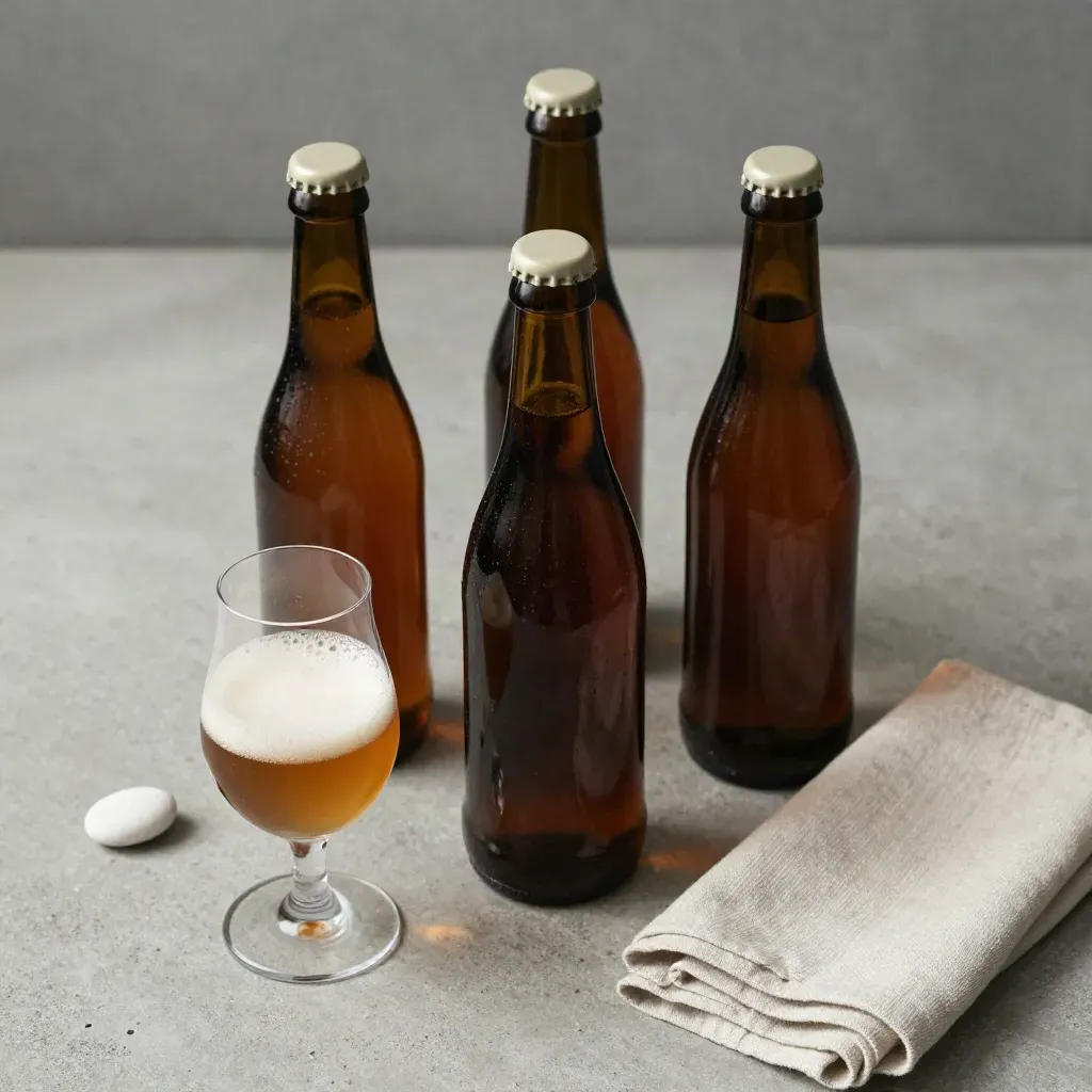 Trois bouteilles de microbrasserie, verre de dégustation, galet et lin sur pierre claire.