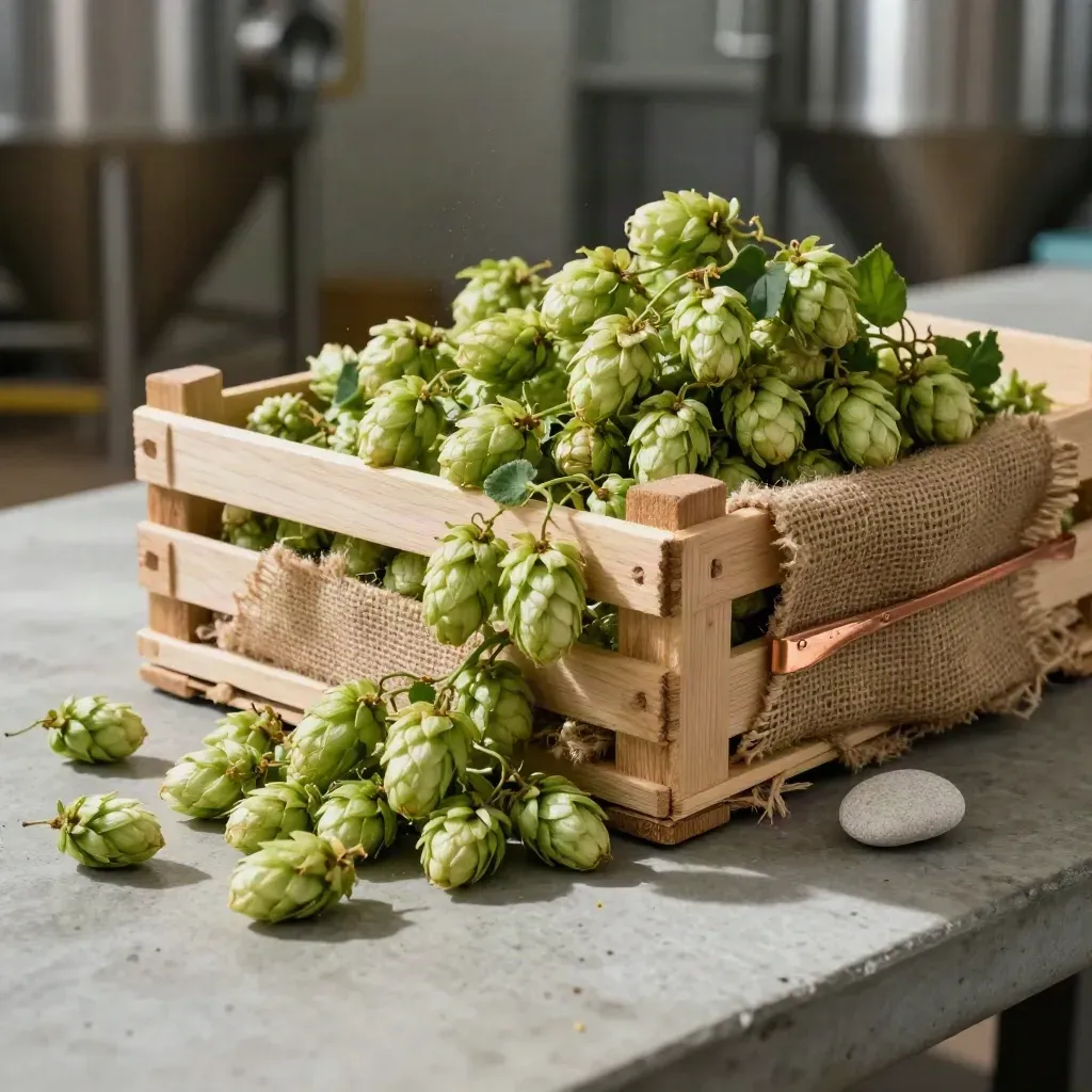 Caisse de houblon français débordante de cônes frais, toile de jute, galet clair et accent cuivre.