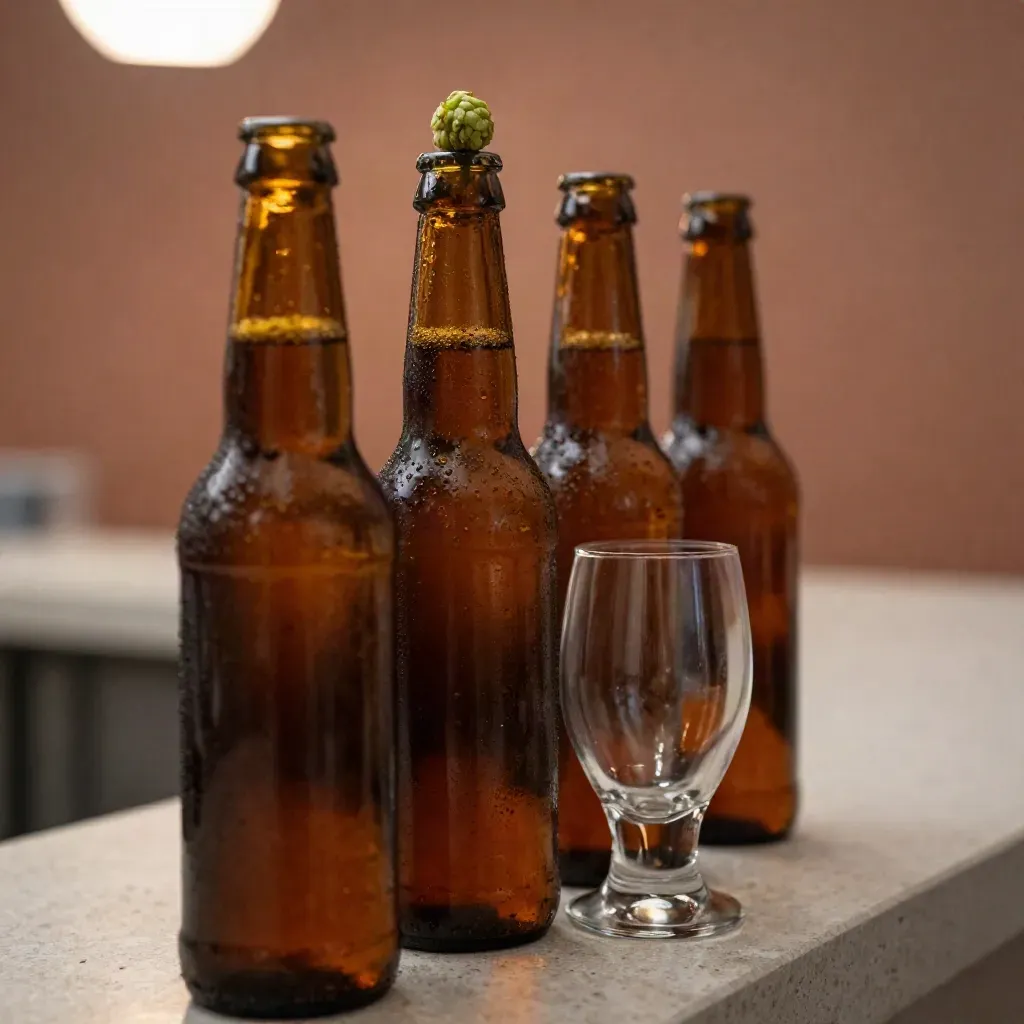 Trois bouteilles brunes, capsule verte et verre vide sur un comptoir de brasserie.