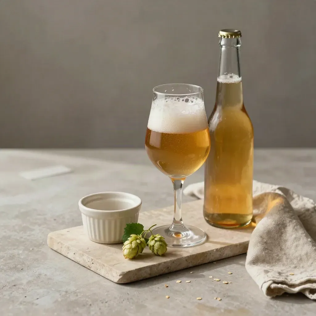 Bouteille de tripel, verre tulipe, ramequin et houblon sur une pierre claire.