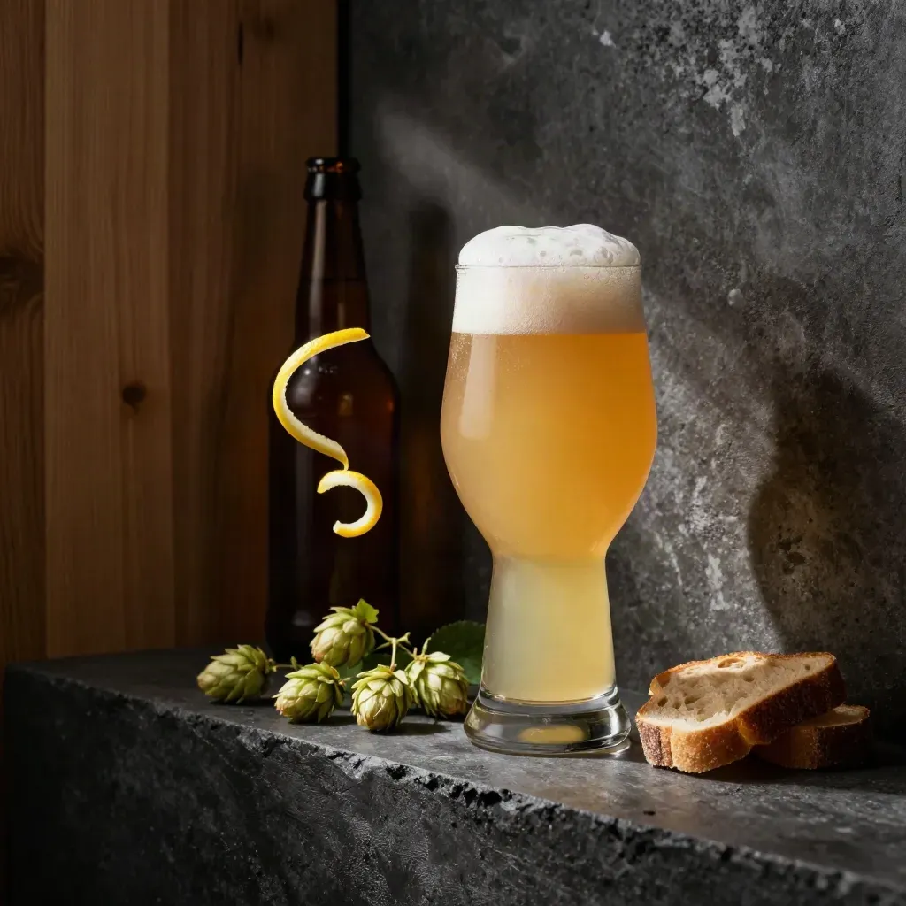 Verre d’IPA pâle, bouteille brune, houblon et zeste d’agrume dans une cave sombre.