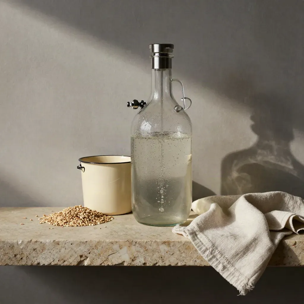 Fermenteur demi-haut, barboteur, seau émaillé, grain et lin sur pierre
