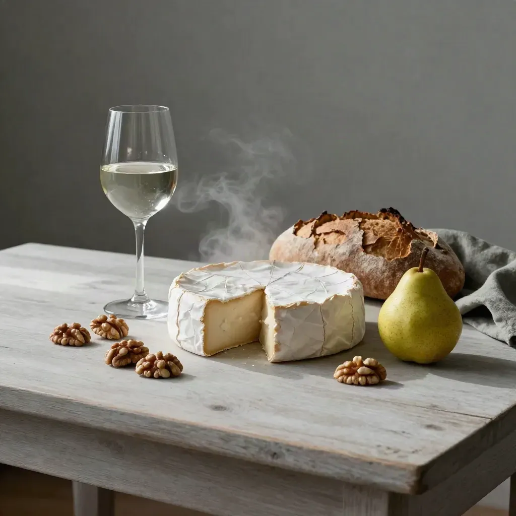 Cloche à fromage entrouverte, verre à pied, pain de campagne, poire et noix sur bois clair.