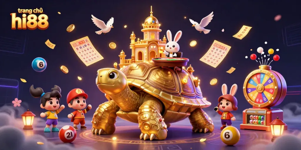 Experience the excitement of trang chủ hi88 with vibrant casino-themed 3D illustration of a golden tortoise and a rabbit dealer.